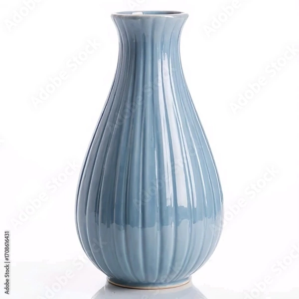 Fototapeta Title:
Light blue ceramic vase with teardrop shape and vertical grooves
