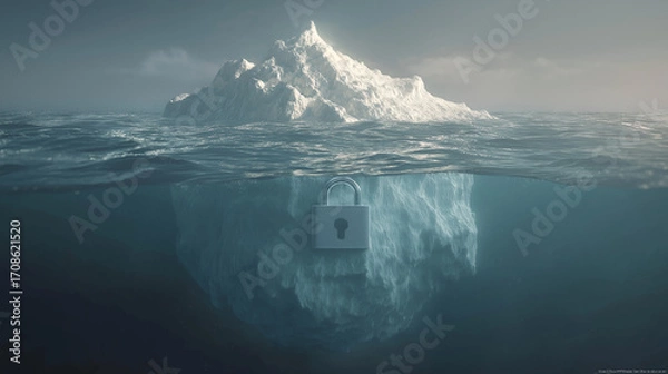 Fototapeta Iceberg with padlock underwater metaphor for hidden security.