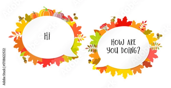 Fototapeta Autumnal creative quote labels with sample text. Cute emoticons framed by fall leaves. Set of seasonal creative frames