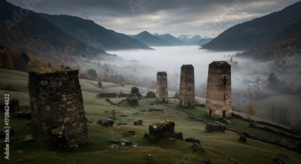 Fototapeta Misty Mountaintop Ruins: Ancient Towers Enveloped in Fog, Breathtaking Autumn Scenery
