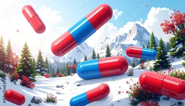 Obraz Oversized capsules float above a snowy mountainscape, amid trees, flowers, and sunshine