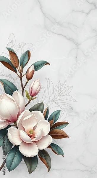Fototapeta Elegant Magnolia Flower Branch on Marble Background for Floral Design and Botanical Art