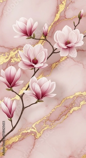 Fototapeta Elegant Magnolia Flowers on Marble Background with Gold Accents for Luxury Design