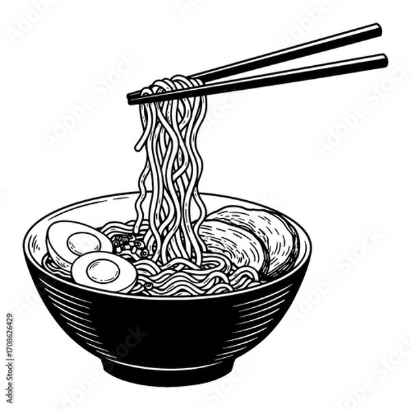 Fototapeta Ramen Noodle Dish with Chopsticks Lifting Noodles Black and White Outline Line Art Drawing