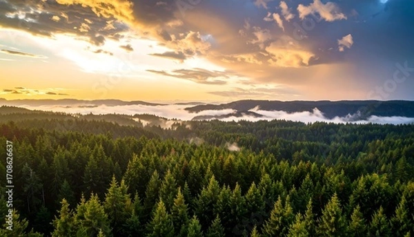 Obraz Forest canopy view with misty hills and vibrant sky at sunset, from high vantage