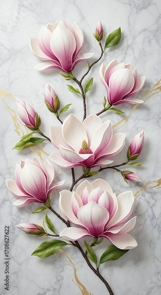 Fototapeta Elegant Pink Magnolia Flowers Branch on Marble Background for Spring Floral Design