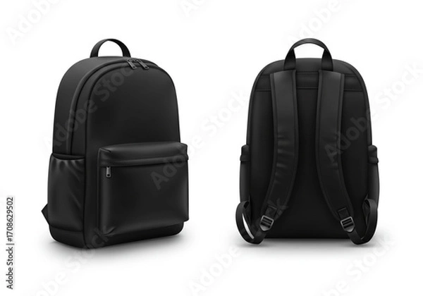 Fototapeta Sleek black backpack front and back views, perfect for modern travel and daily essentials.