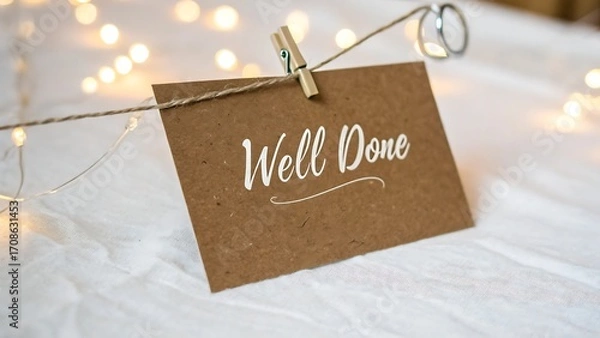 Obraz A brown card with the words well done written on it, hanging from a string with fairy lights in the background