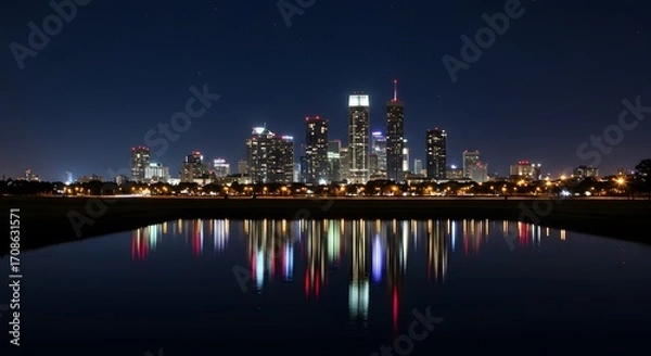 Fototapeta Night cityscape reflection in calm waters, stunning urban skyline at night, illuminated buildings mirroring in lake, peaceful scene