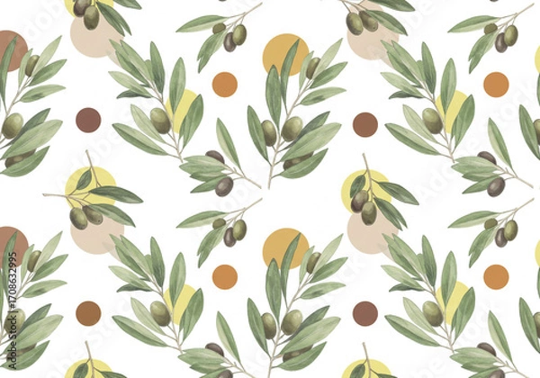 Fototapeta Elegant olive branches with ripe fruit and abstract circles create a serene, natural pattern for modern design