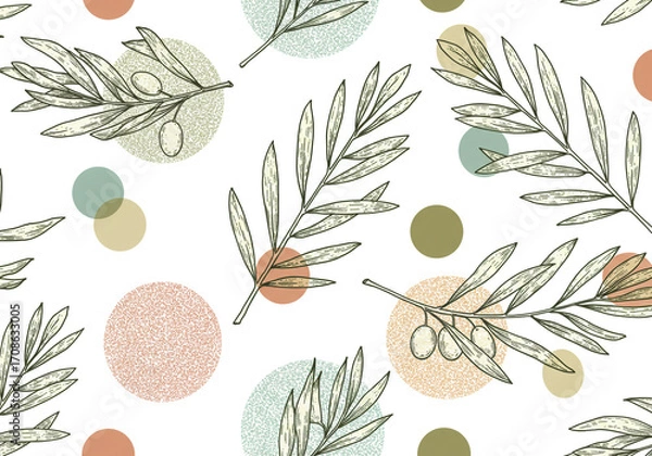 Fototapeta Delicate olive branches with ripe fruit on a modern abstract background, seamless pattern design