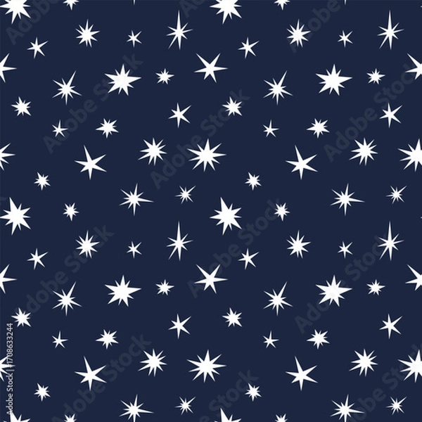 Fototapeta Stars on a dark blue background, seamless pattern of the starry night sky, space, vector illustration, flat design. Pattern template, an element for design, fabric, wrapping paper, background, cover