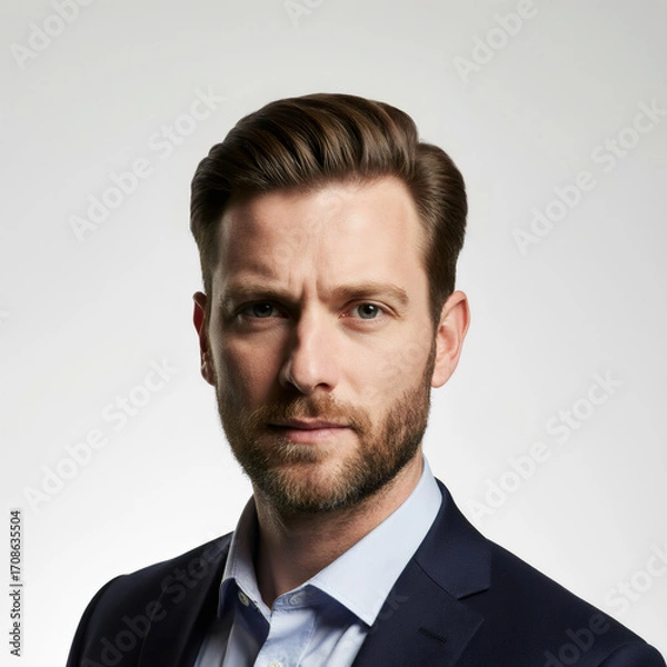 Obraz A serious male professional with a short beard and dark suit looks directly ahead