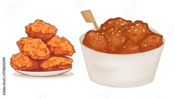 Fototapeta Enjoy delicious crispy fried chicken wings and spicy sauce, perfect for takeout and comfort food cravings