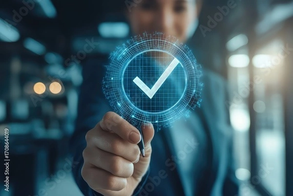 Fototapeta Compliance expert ensuring compliance with a document management system and a checkmark