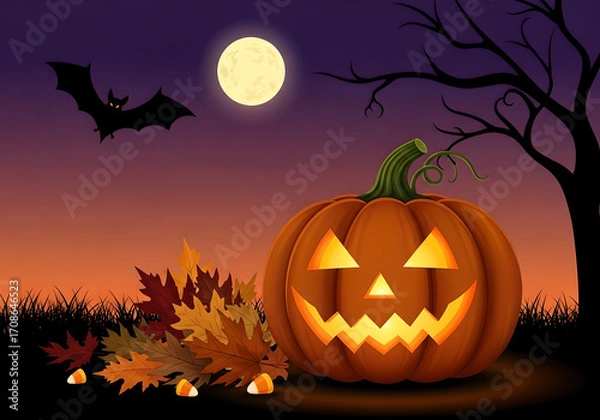 Fototapeta Jack-O'-Lantern with Spooky Tree under a Full Moon