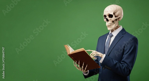 Obraz halloween: Skeleton in Business Suit Reading Book on Green Background, Conceptual, Education, Death, Mortality, Finance, Copy S...