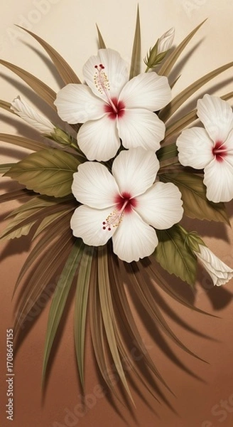 Fototapeta White Hibiscus Flowers with Tropical Leaves on a Gradient Background Stock Illustration