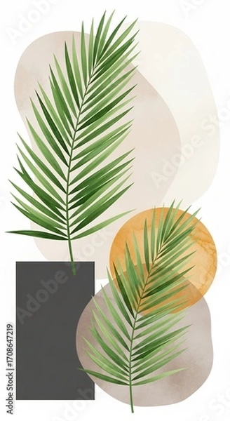 Fototapeta Abstract Botanical Illustration with Palm Leaves and Geometric Shapes Modern Art Design