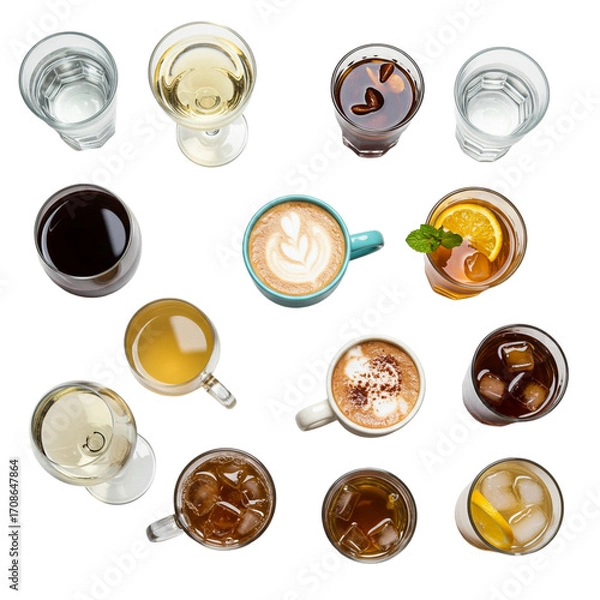 Fototapeta Various drinks placed in glasses on a transparent background, isolate  