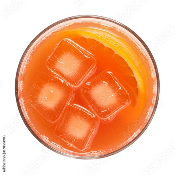 Fototapeta Refreshing cocktail with ice cubes and a slice of orange on top on a transparent background isolate