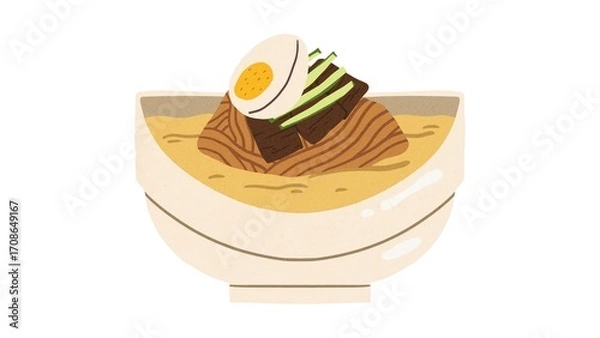 Fototapeta Delicious ramen bowl illustration with egg, meat and cucumber for food blog or restaurant menu design