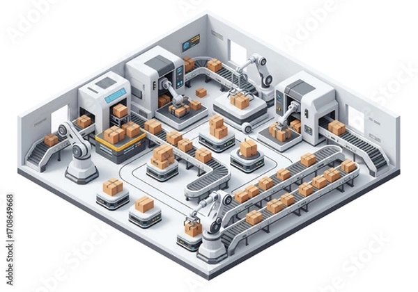 Fototapeta Squared 3D isometric view of a futuristic automated warehouse with conveyor belts, robotic arms, and AI-powered machines managing packages, symbolizing logistics, smart industry, and advanced supply
