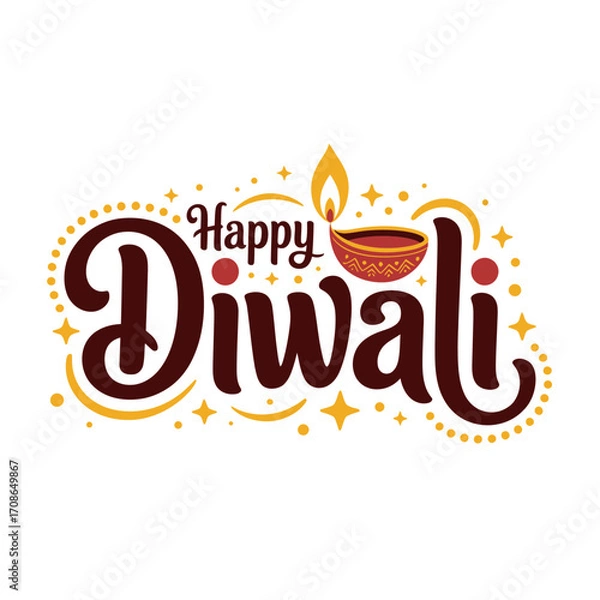 Fototapeta Happy Diwali decorative script, sparkling dots accents, diya flame shapes, cheerful festival logo, festive greeting design, vector