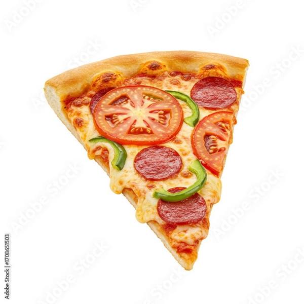 Fototapeta Slice of pepperoni pizza with tomatoes and green peppers on a transparent background of isolate