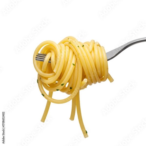 Fototapeta Fork with swirled spaghetti noodles on a transparent background, isolate