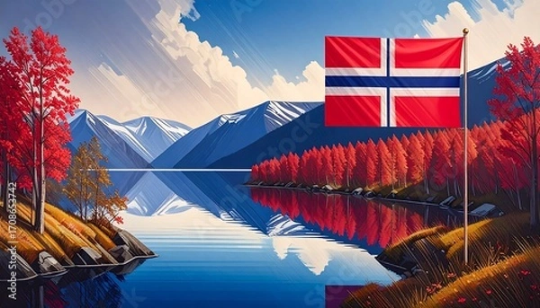 Obraz Serene lake reflecting mountains, trees & flag. Vivid autumnal color, bright day