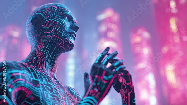 Fototapeta Artificial Intelligence Humanoid – Neon Cyberpunk Digital Art