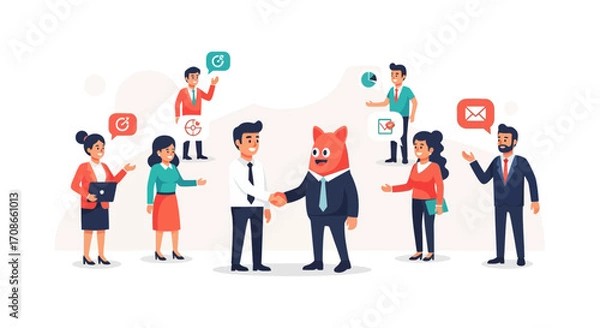 Fototapeta Diverse group of people and a mascot character shaking hands in a business meeting setting with communication icons floating around.