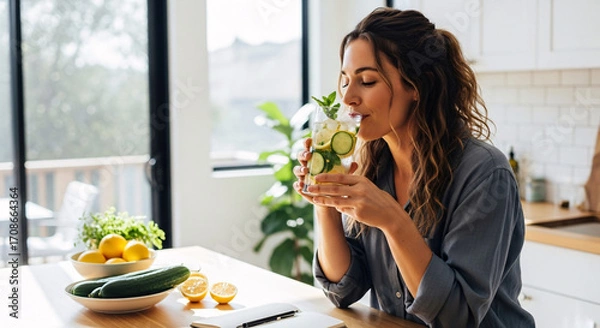 Fototapeta Woman enjoying cucumber water in a bright kitchen setting.