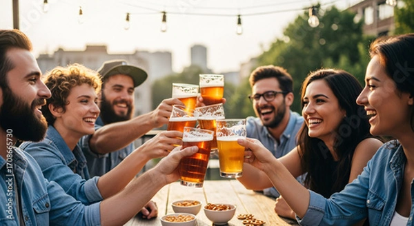 Fototapeta A group of happy young friends in denim shirts toasting with glasses of beer at an outdoor patio during sunset.