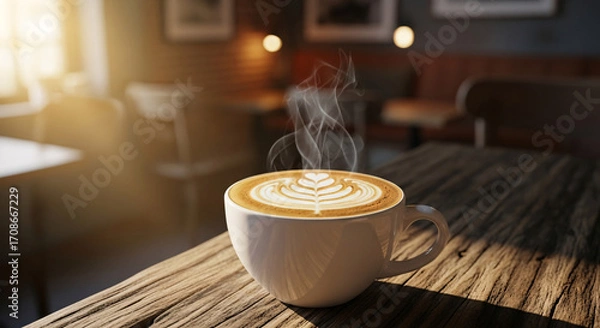 Fototapeta A steaming cup of coffee with intricate latte art sits on a rustic wooden table, illuminated by warm morning sunlight in a cozy cafe.