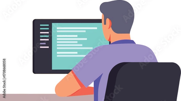 Fototapeta Focused programmer coding on a computer screen in a modern workspace, illustration