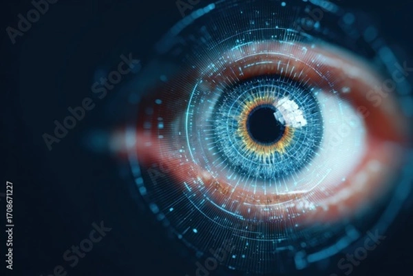 Fototapeta Abstract digital eye hologram with intricate details and vibrant colors, showcasing futuristic technology and innovation in a visually striking composition