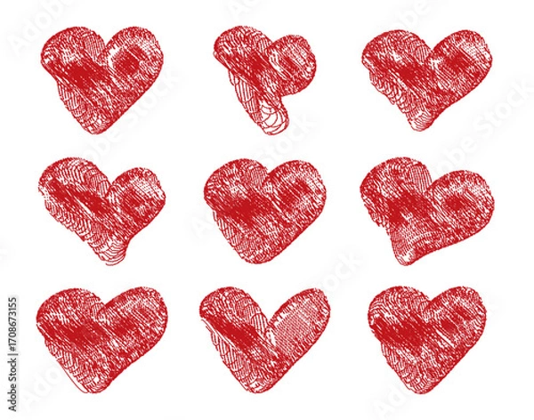 Fototapeta Red textured heart icons in stamped style. Great for Valentine's Day cards, stickers, invitations and romantic themes