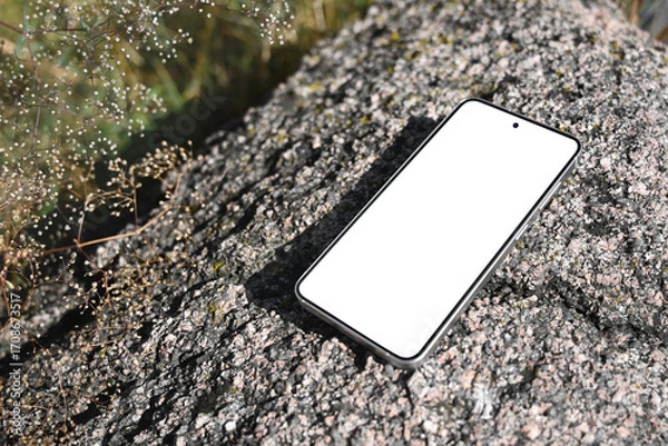Fototapeta Smartphone with blank white screen on rocky surface in natural environment. Blank phone screen for advertising, branding, social media design template. Technology and nature concept.