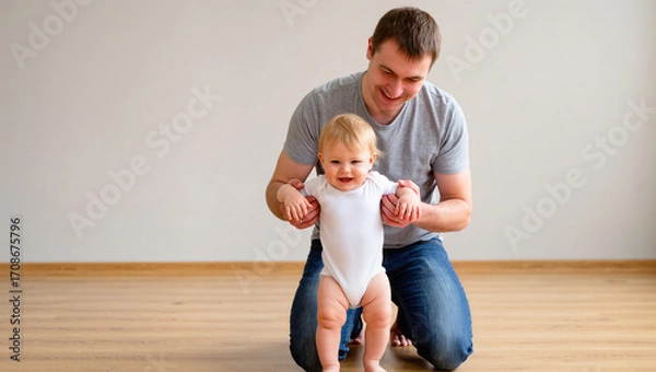 Fototapeta A loving father crouches down to help his smiling toddler take their first steps. The image captures a tender, joyful milestone in a child's development, highlighting the supportive role of a parent.