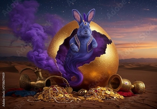 Fototapeta Rabbit Genie from golden egg and treasures: A whimsical bunny genie, emerging from a glittering golden egg, surrounded by a swirl of purple smoke, symbolizing magic and boundless possibilities.