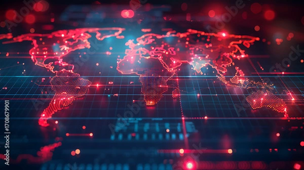 Fototapeta World Map Digital Red.