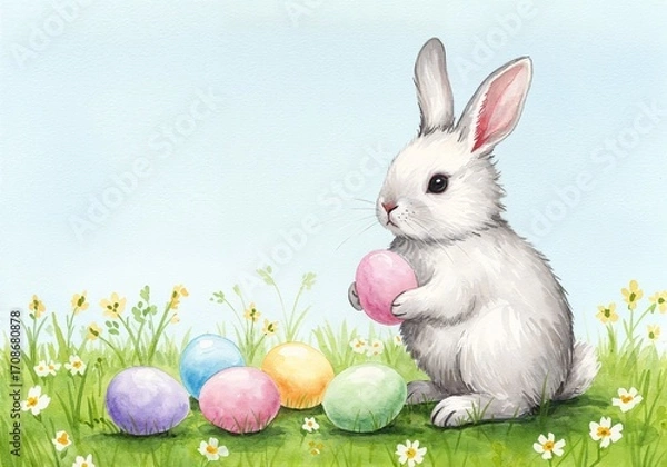 Fototapeta Easter Bunny with Eggs: A cute, fluffy Easter bunny holds a colorful egg with others nearby in a cheerful, springtime watercolor illustration.