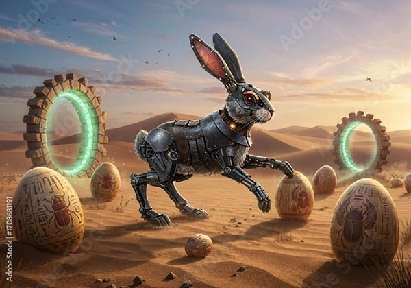Fototapeta Cybernetic Rabbit in Desert: A captivating image showcasing a mechanical rabbit in a desert environment, featuring elements of futuristic and fantastical design. 
