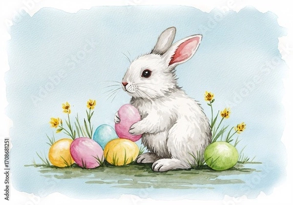 Fototapeta Easter Bunny and Eggs: A charming illustration captures the essence of Easter, featuring an adorable bunny surrounded by colorful eggs. Evokes the spirit of springtime and festive joy.