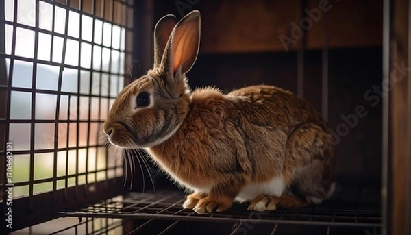 Fototapeta A brown rabbit sits in a wire cage, looking out at the distant green field