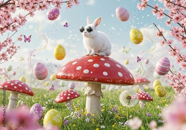 Fototapeta Easter Wonderland: A whimsical Easter scene unfolds with a cool bunny at the heart, donned in stylish sunglasses and seated atop a charming mushroom, surrounded by colorful eggs, blossoming flowers.