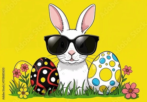 Fototapeta Cool Easter Bunny: A charming cartoon bunny, sporting stylish sunglasses, surrounded by decorated Easter eggs in a vibrant yellow field, celebrating the spirit of Spring and festivity.