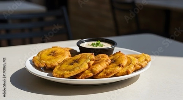 Fototapeta A plate of golden patacones served with a creamy dipping sauce garnished with green onions on top